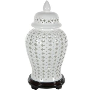 oriental furniture 16″ carved lattice decorative temple jar, white