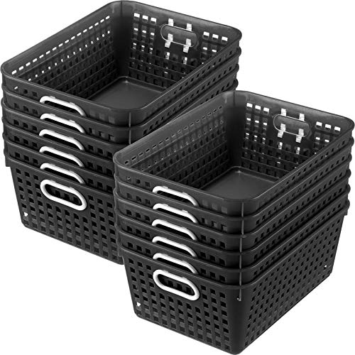 Really Good Stuff - 160016BK Multi-Purpose Plastic Storage Baskets for Classroom or Home Use - Stackable Mesh Plastic Baskets with Grip Handles 13" x 10" (Black - Set of 12)