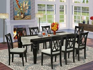 east west furniture 9pc dining set includes a rectangle dining table with butterfly leaf and eight double x back microfiber seat kitchen chairs, black finish