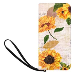 interestprint vintage sunflowers on postcards newspaper women’s zip wallet ladies clutch travel purse wrist strap, design #5, 4.13″(l) x 1.02″(w) x 8.31″(h)