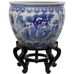 oriental furniture 12″ ladies blue & white porcelain fishbowl