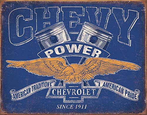 Desperate Enterprises Chevy Power Restricted Tin Sign - Nostalgic Vintage Metal Wall Decor - Made in USA