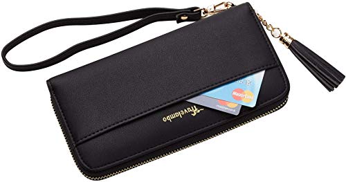 Travelambo Womens Wallet Tassel Bifold Ladies Cluth Wristlet Wrist strap Long Purse (Access Black)