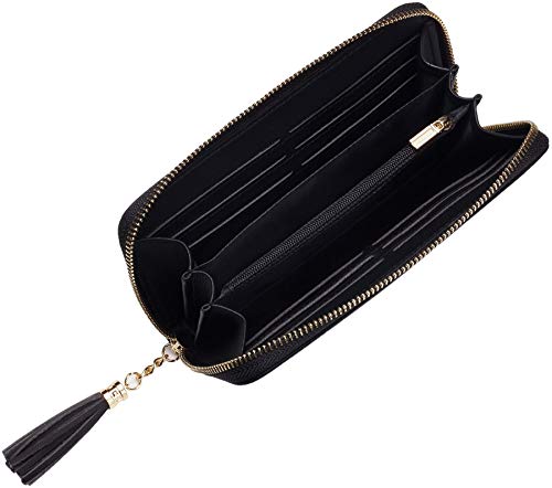 Travelambo Womens Wallet Tassel Bifold Ladies Cluth Wristlet Wrist strap Long Purse (Access Black)