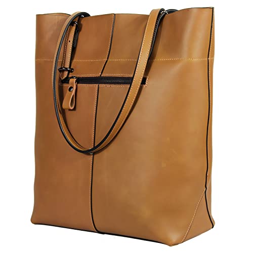 YALUXE Women's Vintage Style Leather Work Tote Shoulder Bag (UPGRADED 2.0) Yellow Brown