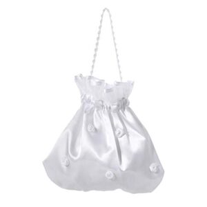 LUOEM Satin Bridal Wedding Money Bag White Bridal Bridesmaid Satin Flower Decorated Bag Handbag with Pearl for Dollar Dance Bridal Purse Wedding Favor