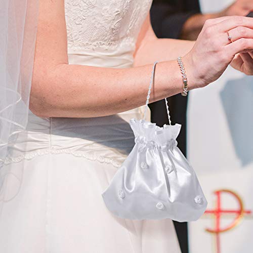 LUOEM Satin Bridal Wedding Money Bag White Bridal Bridesmaid Satin Flower Decorated Bag Handbag with Pearl for Dollar Dance Bridal Purse Wedding Favor