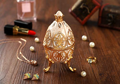 Furuida Trinket Box with Hinged White Faberge Egg Enameled Jewelry Box Classic Ornaments Metal Craft Gift for Home Decor