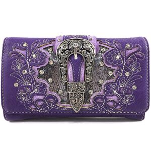 justin west tooled floral embroidery buckle studded concealed carry tote purse (purple wallet only)