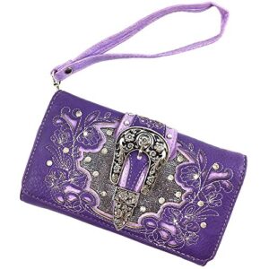 Justin West Tooled Floral Embroidery Buckle Studded Concealed Carry Tote Purse (Purple Wallet Only)