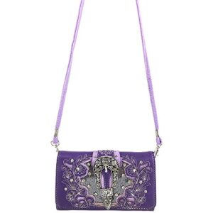 Justin West Tooled Floral Embroidery Buckle Studded Concealed Carry Tote Purse (Purple Wallet Only)