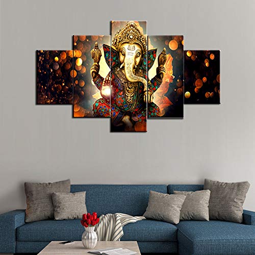 TUMOVO Ganesha Paintings House Decorations Living Room 5 Pieces/Panel Canvas Wall Art Lord Ganesha Pictures Posters and Prints,Modern Artwork Home Decor-with Wooden Frame Ready to Hang(60''Wx40''H)