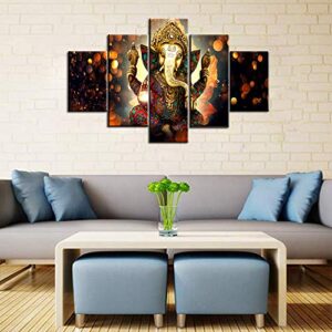 TUMOVO Ganesha Paintings House Decorations Living Room 5 Pieces/Panel Canvas Wall Art Lord Ganesha Pictures Posters and Prints,Modern Artwork Home Decor-with Wooden Frame Ready to Hang(60''Wx40''H)