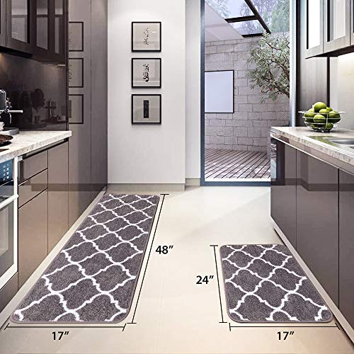 Carvapet 2 Pieces Kitchen Rugs and Mats Set Absorbent Soft Microfiber Bath Mat Moroccan Trellis Non-Slip Kitchen Mat Doormat Runner Set, 17"x48"+17"x24", Grey