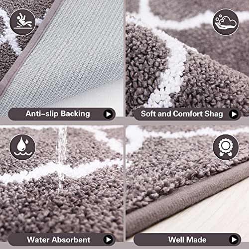 Carvapet 2 Pieces Kitchen Rugs and Mats Set Absorbent Soft Microfiber Bath Mat Moroccan Trellis Non-Slip Kitchen Mat Doormat Runner Set, 17"x48"+17"x24", Grey