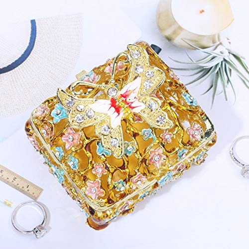 YU FENG Jeweled Butterfly Flower Trinket Boxes Hinged Collectible Decorative Golden Enamel Jewelry Ring Holder Box