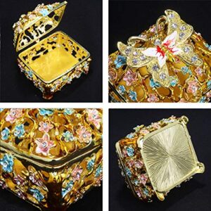 YU FENG Jeweled Butterfly Flower Trinket Boxes Hinged Collectible Decorative Golden Enamel Jewelry Ring Holder Box