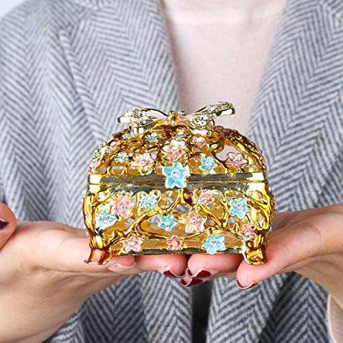 YU FENG Jeweled Butterfly Flower Trinket Boxes Hinged Collectible Decorative Golden Enamel Jewelry Ring Holder Box