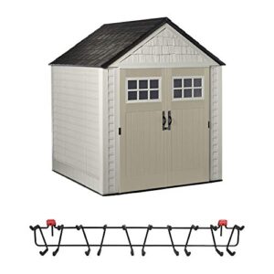 rubbermaid 7 x 7 feet weather resistant resin outdoor storage shed + 34 inch garden tool & sports storage rack for sheds