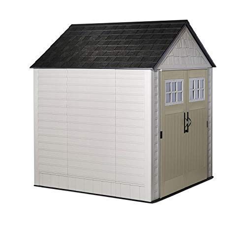 Rubbermaid 7 x 7 Feet Weather Resistant Resin Outdoor Storage Shed + 34 Inch Garden Tool & Sports Storage Rack for Sheds