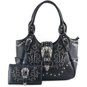 justin west tooled floral embroidery buckle studded concealed carry tote purse (black purse wallet set)