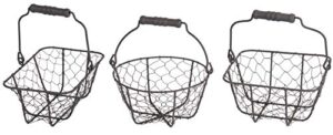 all-purpose display baskets in 3 shapes, gray metal wire with wood handle, rectangle- 5 inches, square- 6.75 inches and circle- 7.5 inches