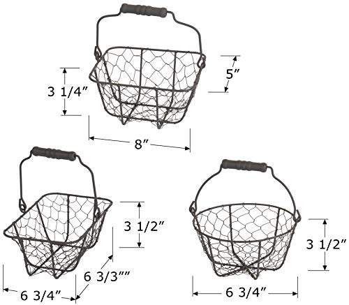 All-Purpose Display Baskets in 3 Shapes, Gray Metal Wire with Wood Handle, Rectangle- 5 Inches, Square- 6.75 Inches and Circle- 7.5 Inches