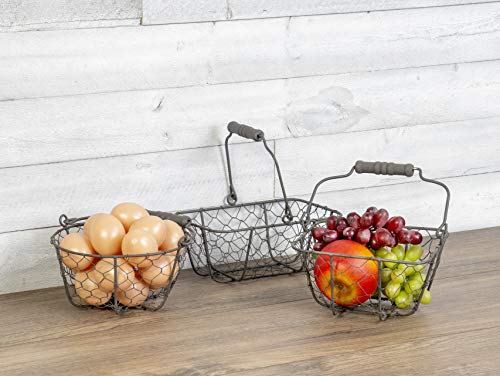 All-Purpose Display Baskets in 3 Shapes, Gray Metal Wire with Wood Handle, Rectangle- 5 Inches, Square- 6.75 Inches and Circle- 7.5 Inches