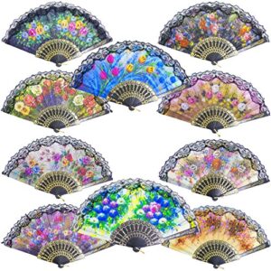 grosun 10 pieces spanish floral folding hand fan lace fans vintage fans fabric folding handheld hand fan, random color