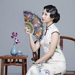 Grosun 10 Pieces Spanish Floral Folding Hand Fan Lace Fans Vintage Fans Fabric Folding Handheld Hand Fan, Random Color