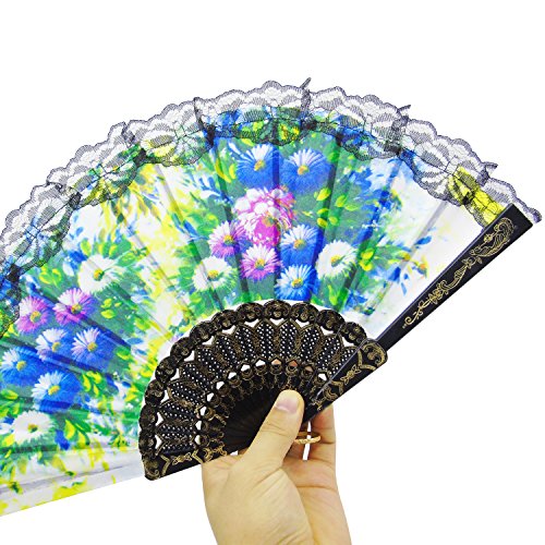 Grosun 10 Pieces Spanish Floral Folding Hand Fan Lace Fans Vintage Fans Fabric Folding Handheld Hand Fan, Random Color