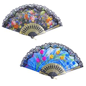 Grosun 10 Pieces Spanish Floral Folding Hand Fan Lace Fans Vintage Fans Fabric Folding Handheld Hand Fan, Random Color