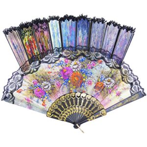 Grosun 10 Pieces Spanish Floral Folding Hand Fan Lace Fans Vintage Fans Fabric Folding Handheld Hand Fan, Random Color
