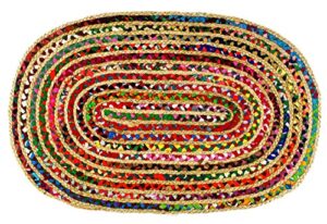 cotton craft jute chindi braid rag rug – boho farmhouse rustic area accent throw rug – handwoven reversible natural recycled cotton- living room den study home décor gift – 3′ x 5′ oval – multi color