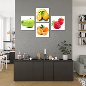 Purple Verbena Art 4pcs/set Stretched and Framed Orange, Apple, Lemon, Strawberry Fruits Design Wall Artwork Paintings, 12x12 Inches Giclee Walls Canvas Art Work for Kitchen Home Decor, Ready to Hang