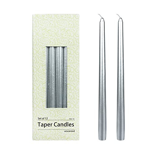 Zest Candle 12-Piece Taper Candles, 12-Inch, Metallic Silver