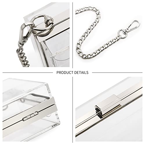 SharPlus Women Cute Clear Purse Acrylic Box Clutch Handbag, Transparent Crossbody Evening Bag Stadium Approved Silver Chain Strap