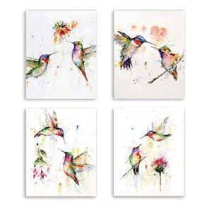 kairne abstract birds art print watercolor hummingbirds and flower branch canvas painting,set of 4(8″x10″) unframed,nature wall art poster for living room bedroom office decoration