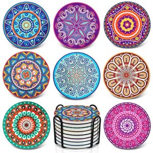 teivio absorbing stone mandala ceramic coasters for drinks cork base with holder, for friends funny birthday housewarming apartment kitchen bar decor, suitable for wooden table, coffee table, set of 8