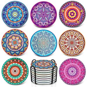 Teivio Absorbing Stone Mandala Ceramic Coasters for Drinks Cork Base with Holder, for Friends Funny Birthday Housewarming Apartment Kitchen Bar Decor, Suitable for Wooden Table, Coffee Table, Set of 8