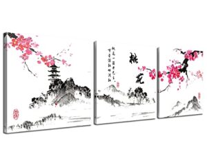 nan wind small size traditional chinese painting of peach blossom canvas prints 3 panels calligraphy art paintings wall art poem print painting framed 12x12inches 3pcs/set
