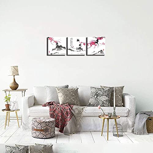 NAN Wind Small Size Traditional Chinese Painting of Peach Blossom Canvas Prints 3 Panels Calligraphy Art Paintings Wall Art Poem Print Painting Framed 12x12inches 3pcs/set