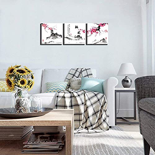 NAN Wind Small Size Traditional Chinese Painting of Peach Blossom Canvas Prints 3 Panels Calligraphy Art Paintings Wall Art Poem Print Painting Framed 12x12inches 3pcs/set