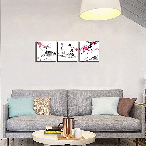 NAN Wind Small Size Traditional Chinese Painting of Peach Blossom Canvas Prints 3 Panels Calligraphy Art Paintings Wall Art Poem Print Painting Framed 12x12inches 3pcs/set