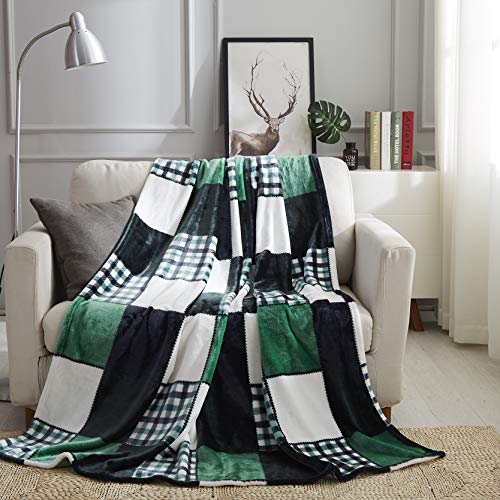 Tache Forest Green Farmhouse Super Soft Micro Fleece Plaid Patchwork Plush Lightweight Dual-Sided Decorative Couch, Sofa, Travel, Lap, Bed Throw Blanket, 50x60