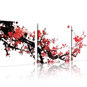 NAN Wind Small Size Traditional Chinese Painting of Red Plum Blossom Canvas Prints 3 Pcs Calligraphy Art Paintings Wall Art Poem Print Painting Framed 12x12inches 3pcs/set