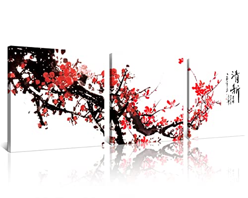 NAN Wind Small Size Traditional Chinese Painting of Red Plum Blossom Canvas Prints 3 Pcs Calligraphy Art Paintings Wall Art Poem Print Painting Framed 12x12inches 3pcs/set