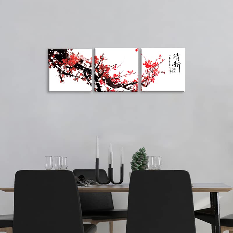 NAN Wind Small Size Traditional Chinese Painting of Red Plum Blossom Canvas Prints 3 Pcs Calligraphy Art Paintings Wall Art Poem Print Painting Framed 12x12inches 3pcs/set