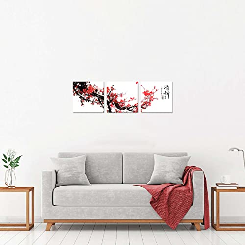 NAN Wind Small Size Traditional Chinese Painting of Red Plum Blossom Canvas Prints 3 Pcs Calligraphy Art Paintings Wall Art Poem Print Painting Framed 12x12inches 3pcs/set