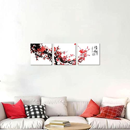 NAN Wind Small Size Traditional Chinese Painting of Red Plum Blossom Canvas Prints 3 Pcs Calligraphy Art Paintings Wall Art Poem Print Painting Framed 12x12inches 3pcs/set